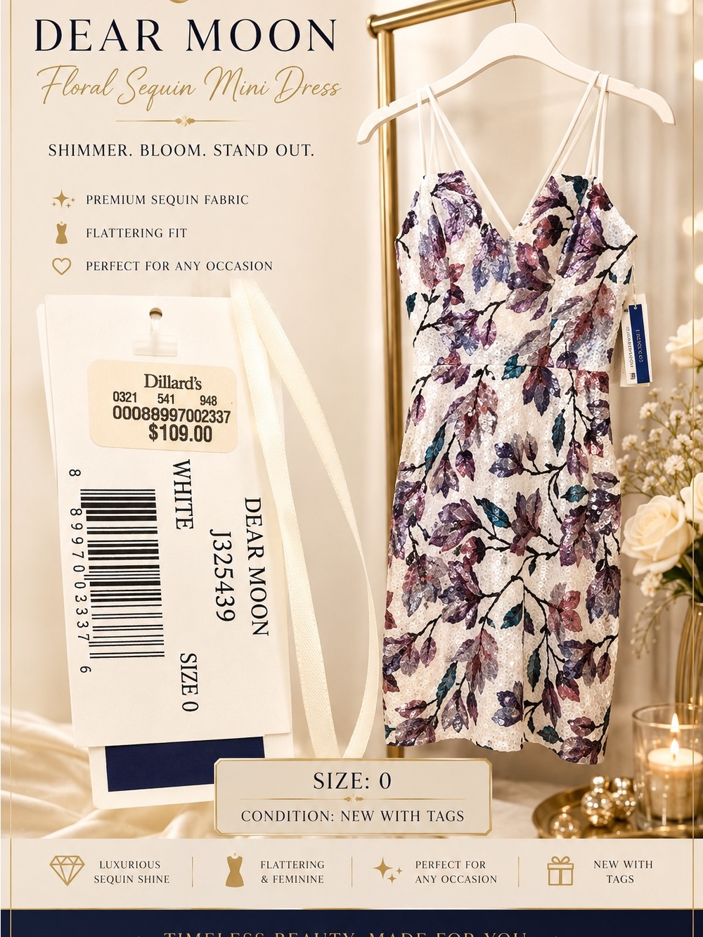 Dear Moon White Floral Sequin Mini Dress